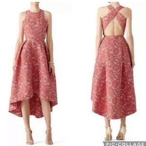 Monique Lhuillier cross back high low jacquard gown red formal occasion dress